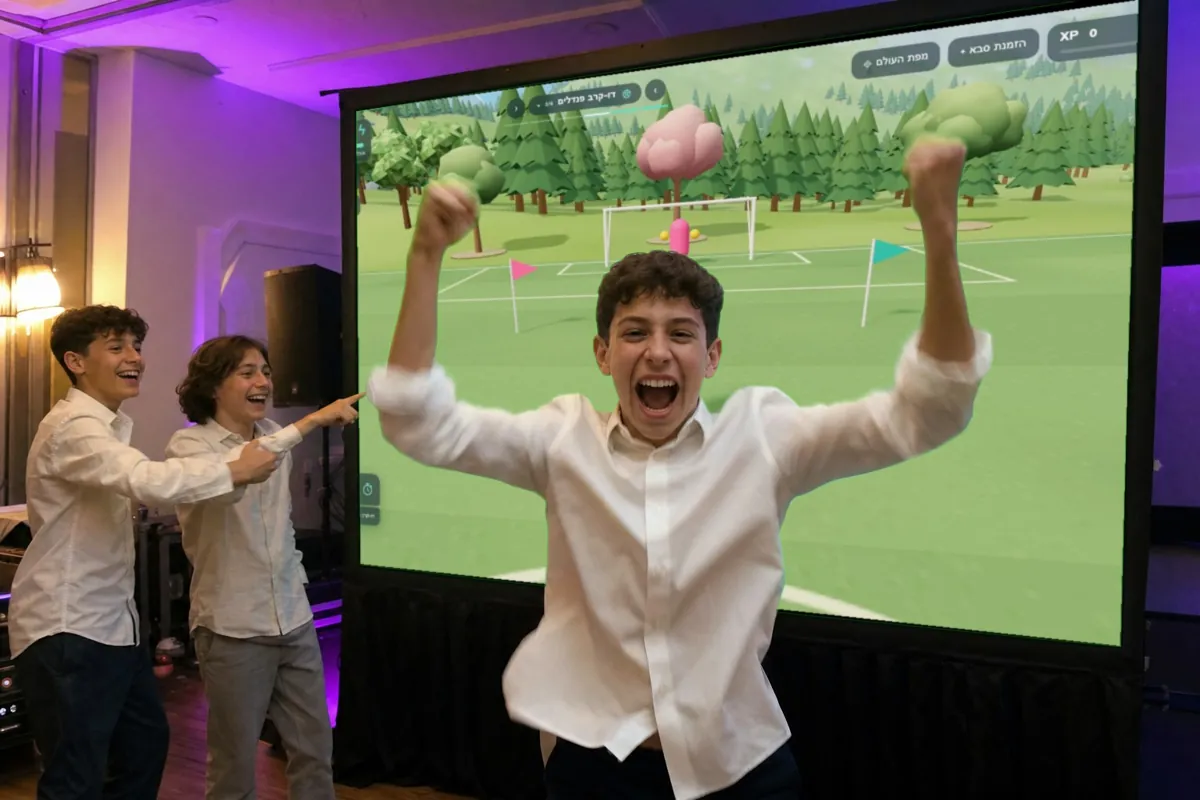 Bar mitzvah boy cheering in front of his personalized video game on the big screen
